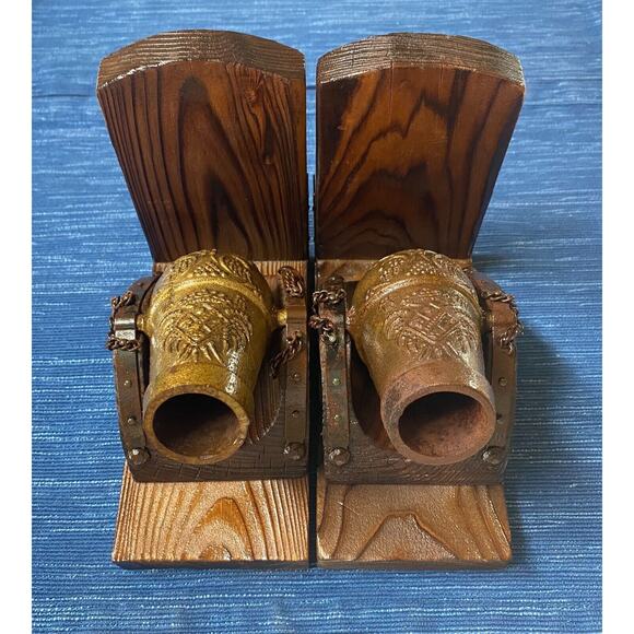 Vintage Pair Metal Bookends in Teak Look, Mid Century Modern  VTG Cannon Bookends Wood & Metal Rustic MCM Shelf Bookcase Home Office Decor 3B